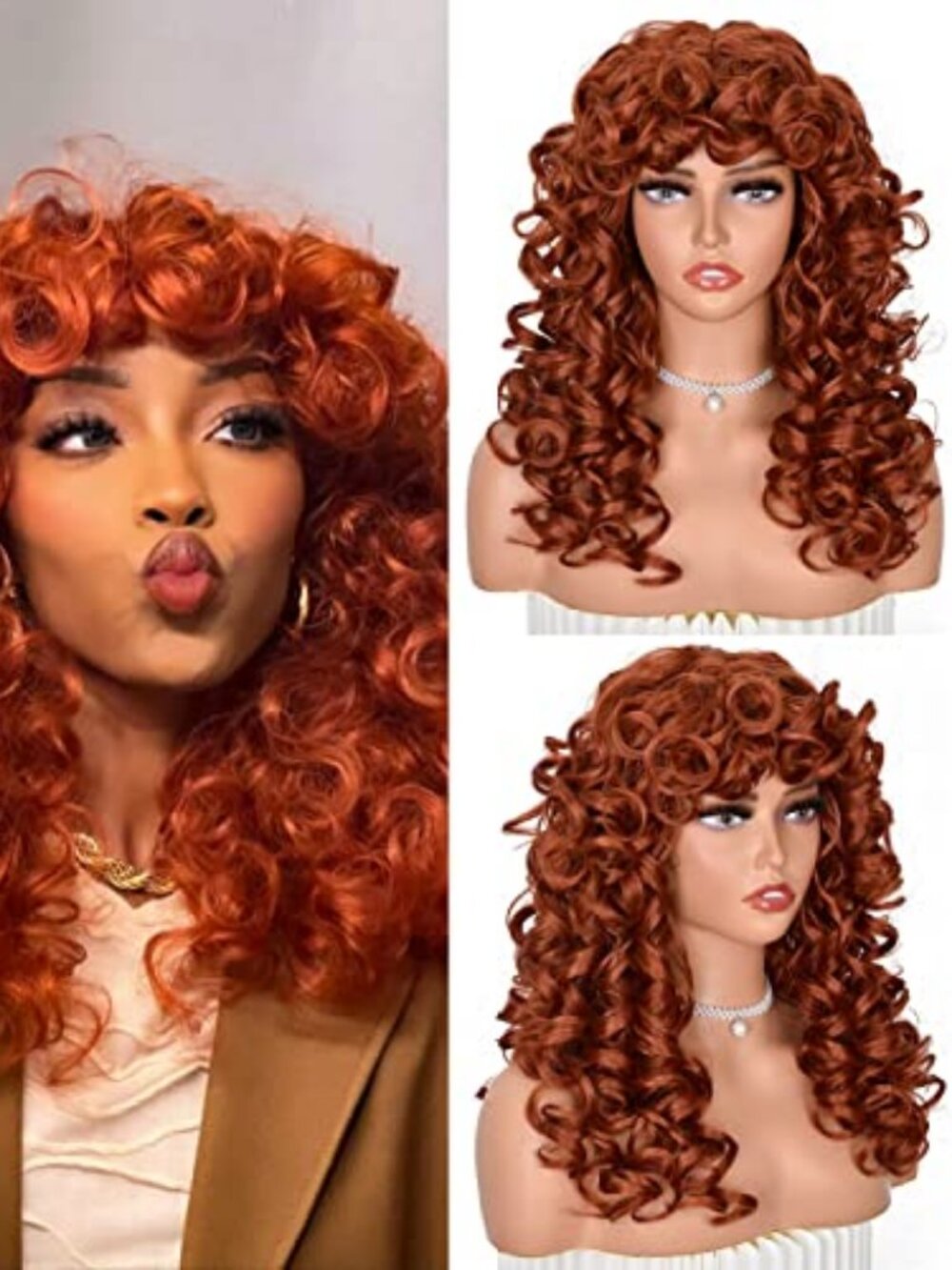 Copper Curly Wigs for Black Women Long Curly Afro Wig with Bangs for Women